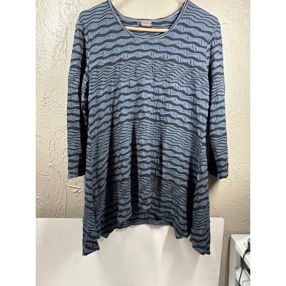 Tianello Grey Texture Striped 3/4 Sleeve Sharkbite Hem Asbury Blouse Tunic Sz XL